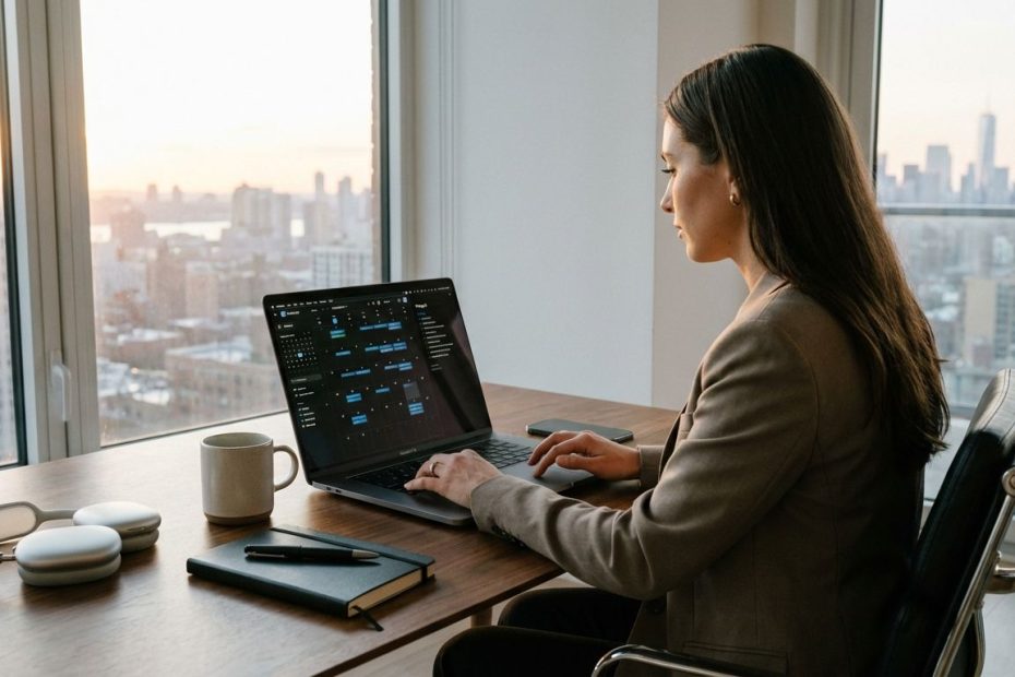 Professional planning a workday using digital tools on a laptop with a calendar and task list open